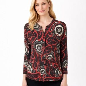 Vintage Prana Button Knit Cardigan Brown Scroll Print Sweater Y2K Crop Size L